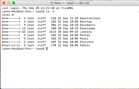 Screenshot of OSx default terminal running ls -l