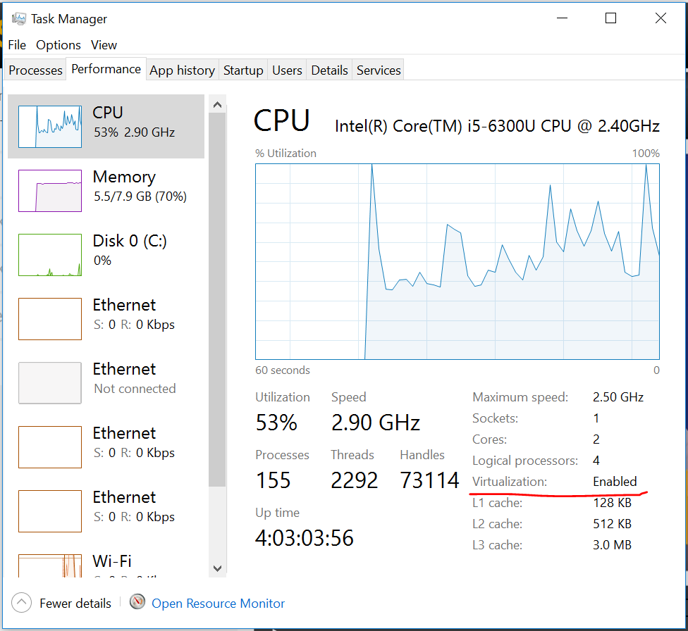 Task Manager screenshot, showing virtualisation status