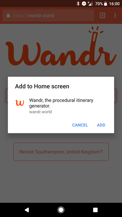 Installing Wandr PWA on Android